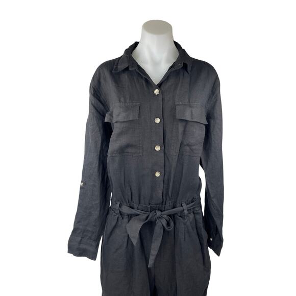 NEW Saks Fifth Avenue 100% Linen Black Long Sleeve Button Up Romper Jumpsuit L - Picture 2 of 4